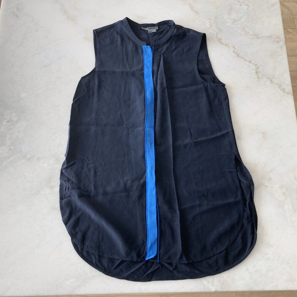 Vince navy sleeveless silk button up top / shirt / blouse, blue stripe, (size S)